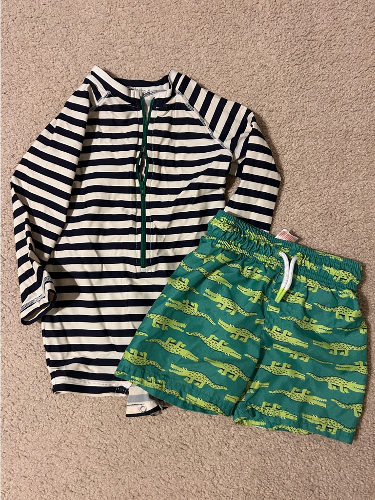 Bundle: Cat & Jack Green Crocodile Swim Trunks & Primary Rash Guard Romper